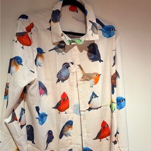 Women’s White Bird-Print Button-Up Blouse